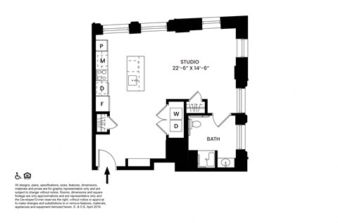 Floor plan for studio, 1 bath, 570 sqft